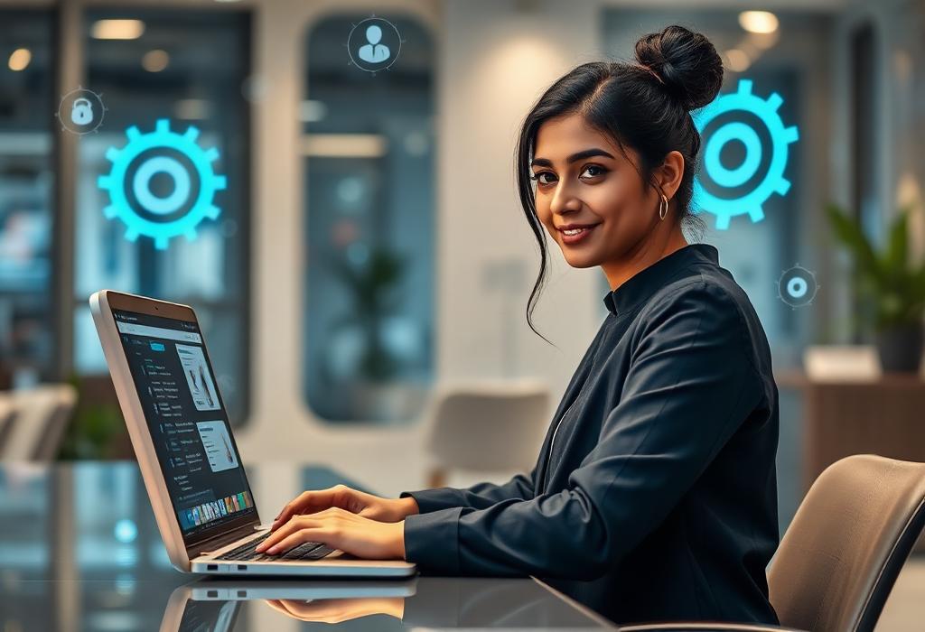 Pakistani woman working with AI tools on laptop