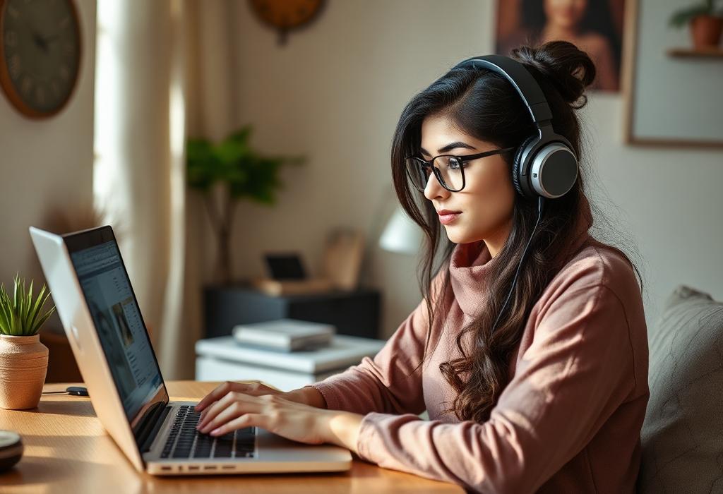 Pakistani girl freelancer working on laptop
