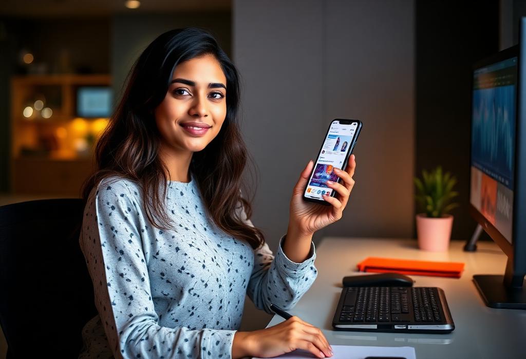 Pakistani girl app developer with smartphone
