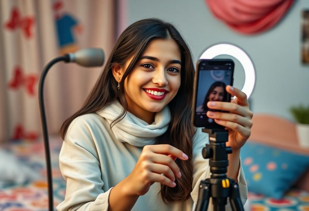 Pakistani girl content creator filming TikTok video