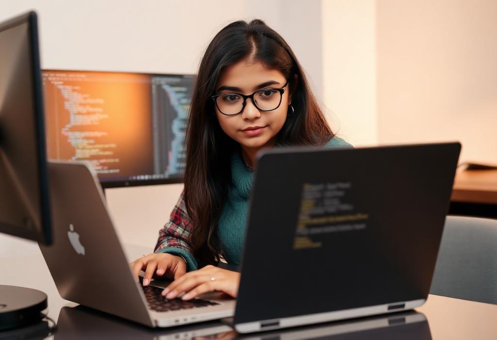 Pakistani girl developer coding on laptop