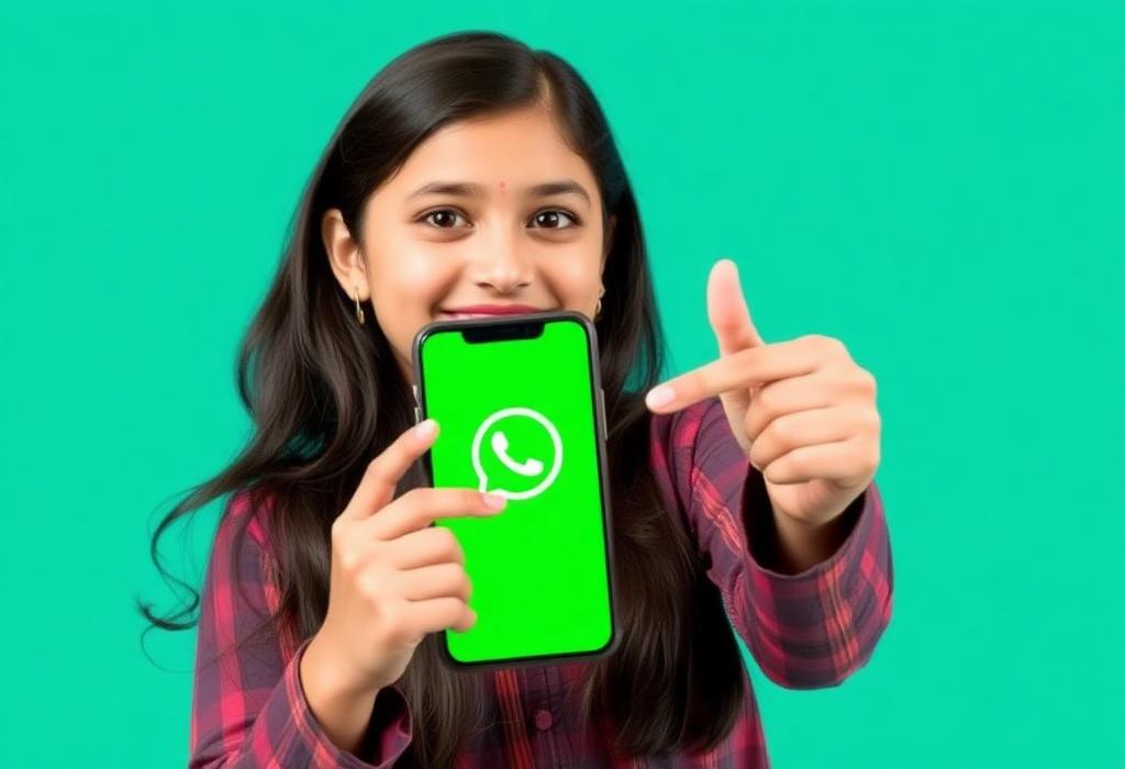 Pakistani girl pointing at WhatsApp on smartphone